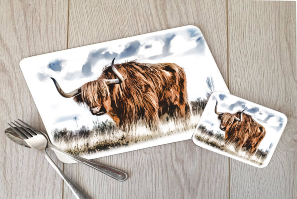 Highland Cow Hardboard Placemat and Coaster Set